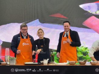 Ciudadanos y autoridades participando en la Semana del Salmón en la Plaza de Armas de Puerto Montt con stands gastronómicos.