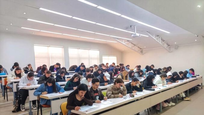 Estudiantes participando en el Ensayo Nacional PAES en una sede de la Universidad Técnica Federico Santa María