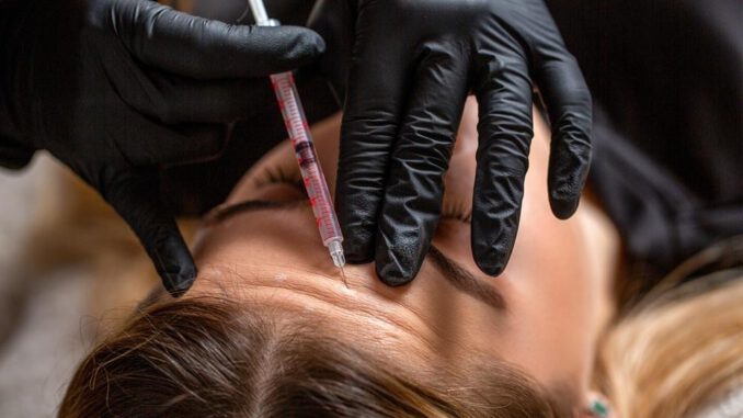 Médico especialista aplicando tratamiento con toxina botulínica en entorno clínico