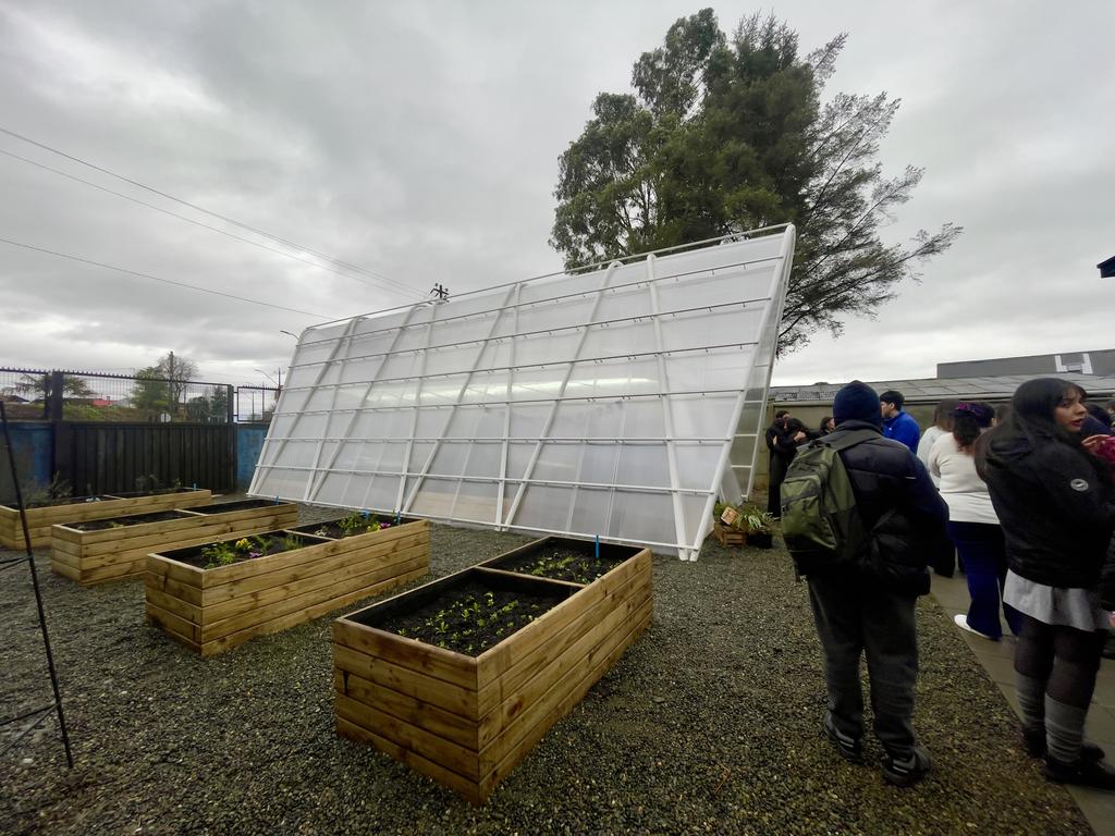 Estudiantes trabajando en un nuevo espacio de huerto escolar al aire libre en un liceo de la región de Los Lagos
