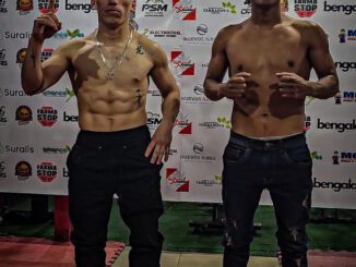Boxeadores profesionales durante el pesaje oficial antes de la velada en el Estadio Español de Osorno