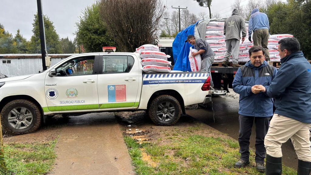 Autoridades del Ministerio de Agricultura supervisan la entrega de sacos de alimento concentrado para ganado en la provincia de Osorno.