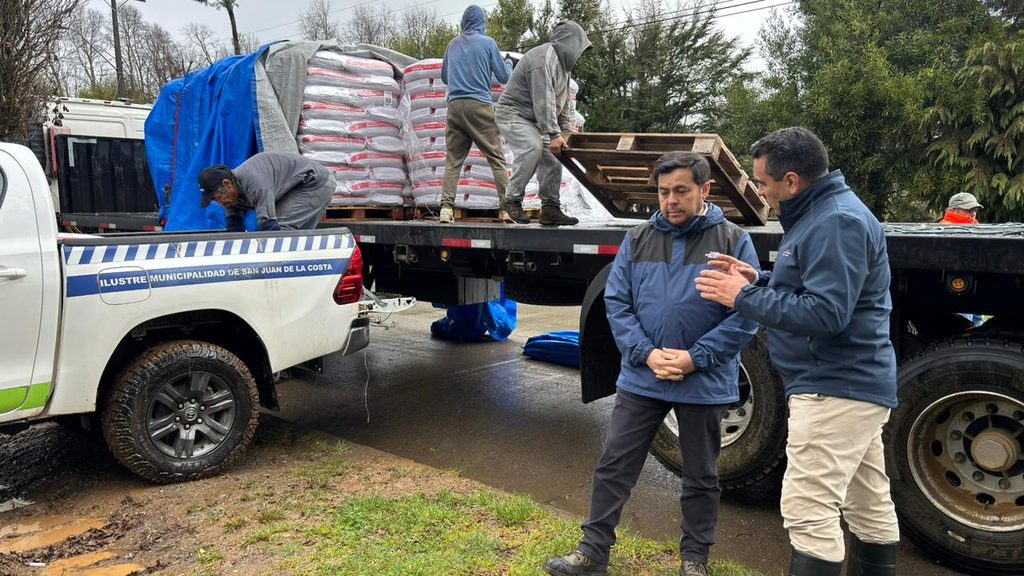 Autoridades del Ministerio de Agricultura supervisan la entrega de sacos de alimento concentrado para ganado en la provincia de Osorno.