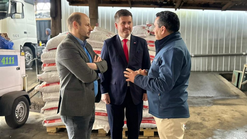 Autoridades del Ministerio de Agricultura supervisan la entrega de sacos de alimento concentrado para ganado en la provincia de Osorno.