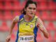 Sara Montecinos celebrando su victoria en el Mundial de Atletismo Máster tras ganar los 200 metros.