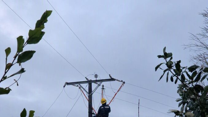 Tecnicos de Saesa monitoreando la red electrica durante un dia de lluvia y fuertes vientos
