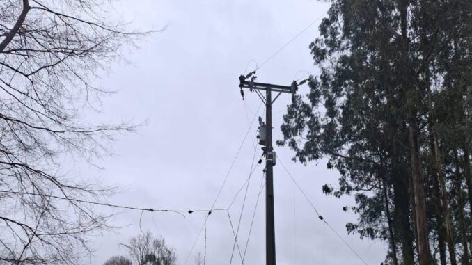 Equipos técnicos de Saesa trabajando en la reparación de tendido eléctrico tras el temporal en el sur de Chile