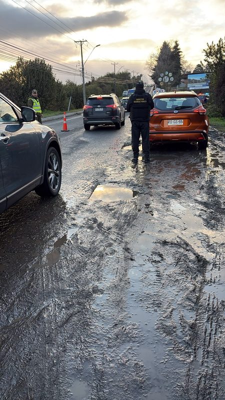 Personal de Carabineros y Seguridad Pública realizando controles vehiculares en Frutillar durante Fiestas Patrias.