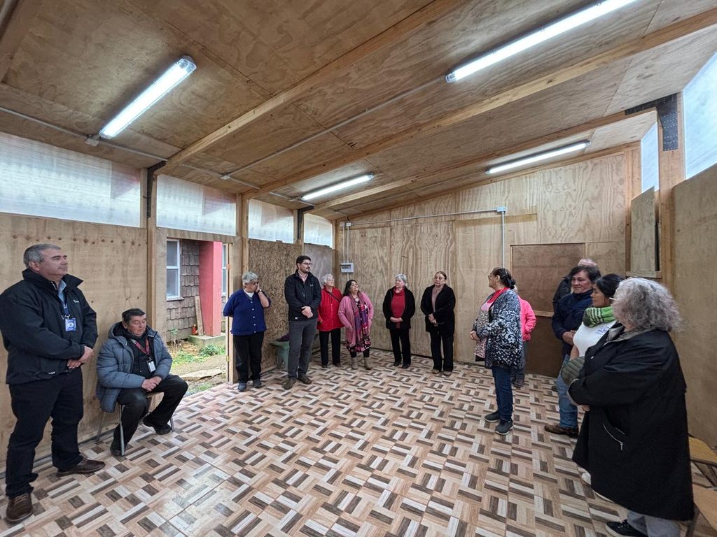 Vecinos y dirigentes participan en la inauguración de la nueva iluminación LED en la sede comunitaria de Bahía Mansa junto a ejecutivos de Saesa.